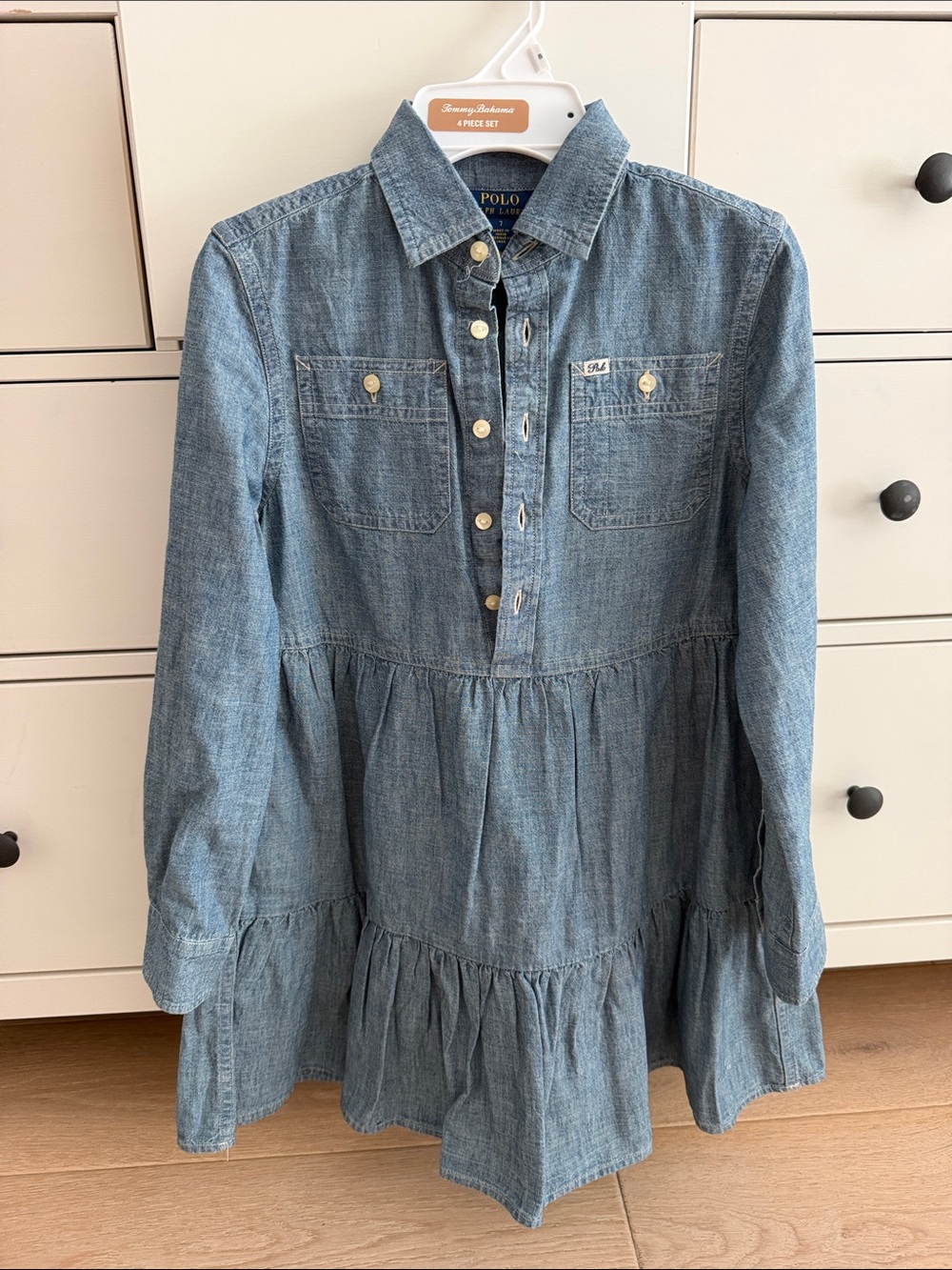 Polo by Ralph Lauren Girls' Chambray Tiered Shirt Dress - Light Blue size 7